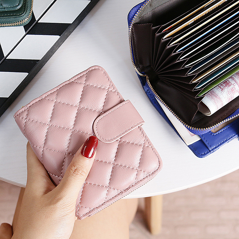 【羊皮菱格超薄短夾】高檔柔軟羊皮菱格車縫線純色精緻小巧折疊女錢包皮夾短夾