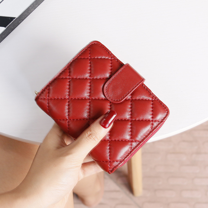 【羊皮菱格超薄短夾】高檔柔軟羊皮菱格車縫線純色精緻小巧折疊女錢包皮夾短夾