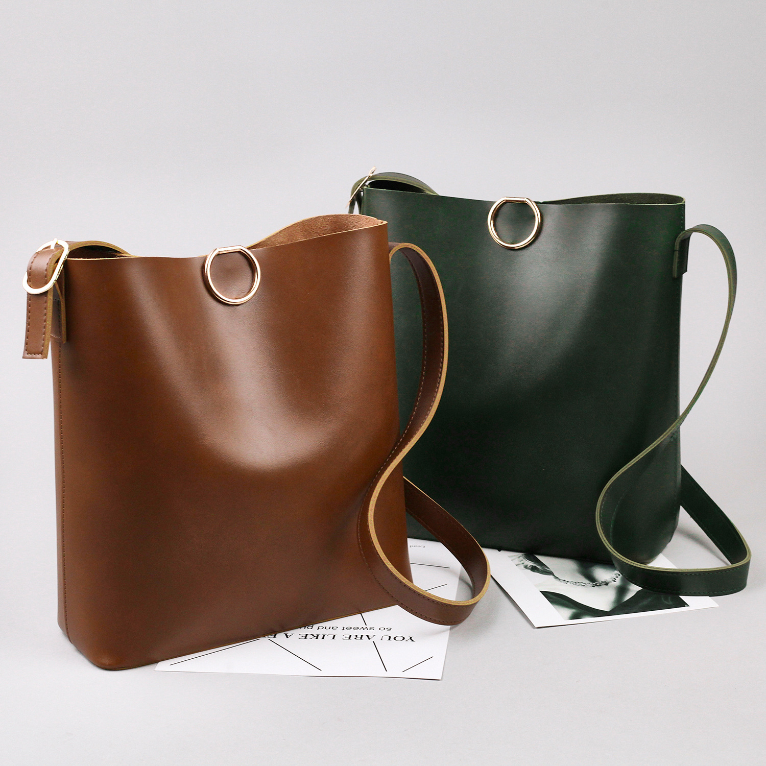 子母包水桶包純色大包包女新款個性百搭子母包水桶包休閑斜背側背包