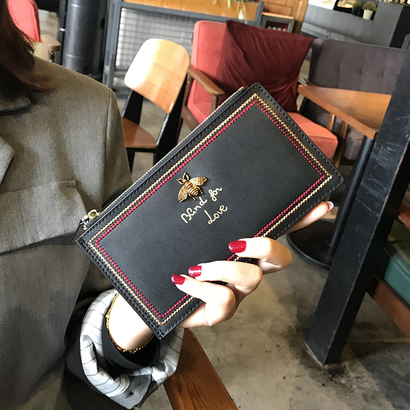 【真皮超薄歐式長夾】【多卡位大容量】高檔真皮超薄歐式復古設計蜜蜂配飾大容量錢包皮夾長夾