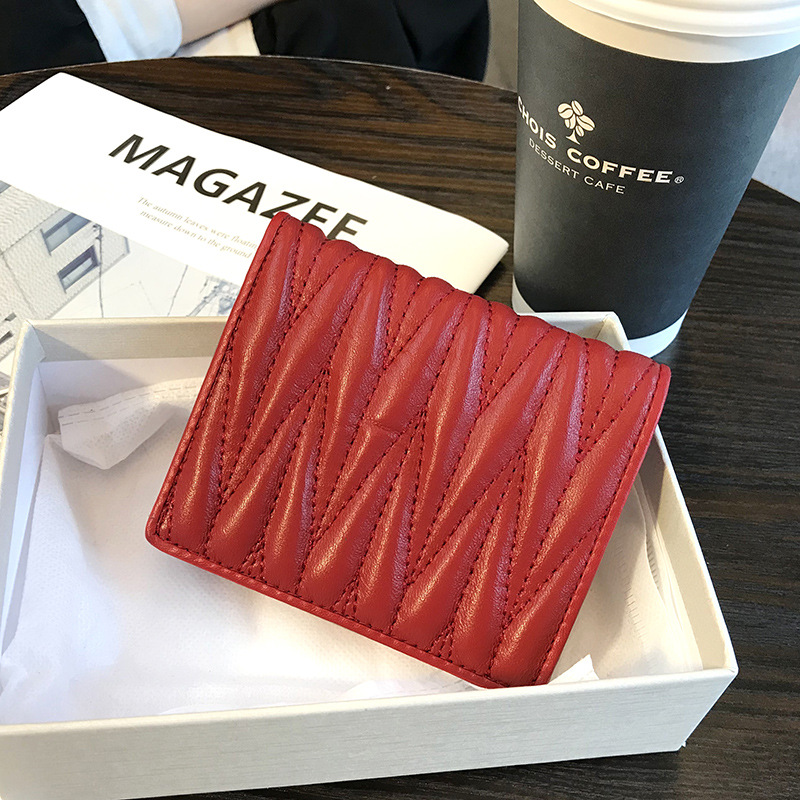 【羊皮菱格折疊短夾】韓版時尚百搭純色高檔羊皮褶皺小巧超薄對折零錢包皮夾短夾