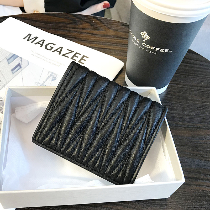 【羊皮菱格折疊短夾】韓版時尚百搭純色高檔羊皮褶皺小巧超薄對折零錢包皮夾短夾