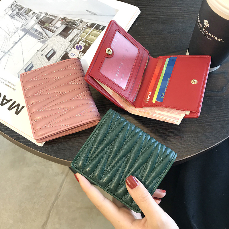 【羊皮菱格折疊短夾】韓版時尚百搭純色高檔羊皮褶皺小巧超薄對折零錢包皮夾短夾