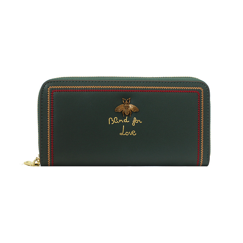 【牛皮密封拉鏈長夾】【多功能大容量】高檔牛皮真皮純色小蜜蜂裝飾36卡位女錢包皮夾長夾