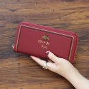 【牛皮密封拉鏈長夾】【多功能大容量】高檔牛皮真皮純色小蜜蜂裝飾36卡位女錢包皮夾長夾