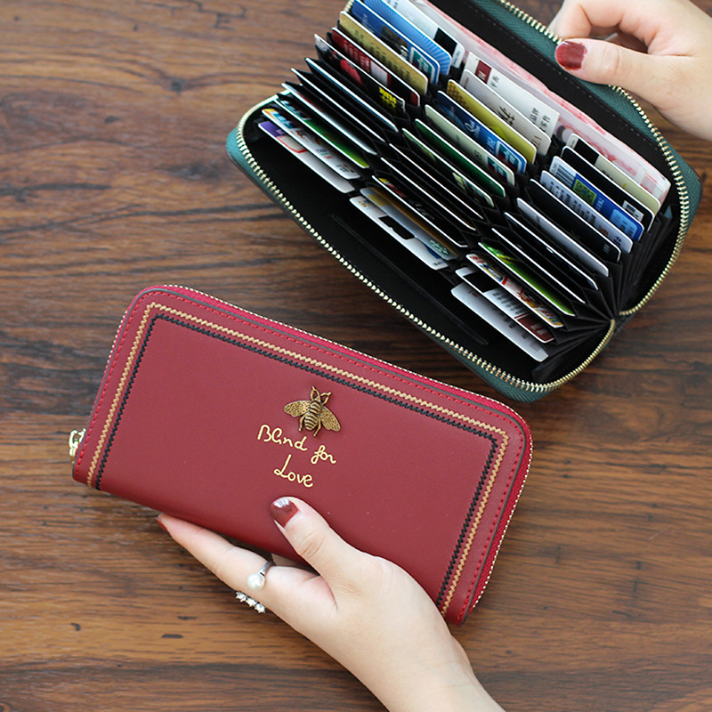 【牛皮密封拉鏈長夾】【多功能大容量】高檔牛皮真皮純色小蜜蜂裝飾36卡位女錢包皮夾長夾