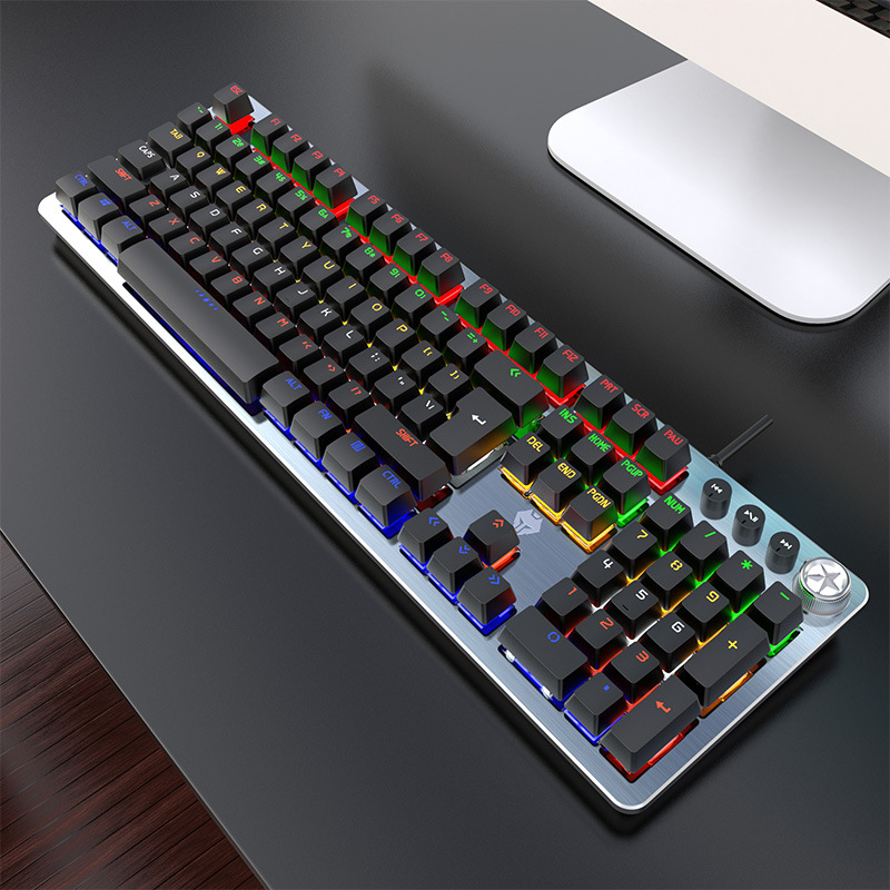 【機械鍵盤】【遊戲辦公兼容青軸】【104鍵】【多媒體旋鈕】【金屬面板】槍色混光金屬面板遊戲商務青軸機械鍵盤 【機械鍵盤】【遊戲辦公兼容青軸】【104鍵】【多媒體旋鈕】【金屬面板】槍色混光金屬面板遊戲商務青軸機械鍵盤