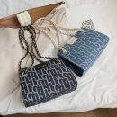 韩版百搭大容量帆布鏈條方包女包链条斜背侧背包