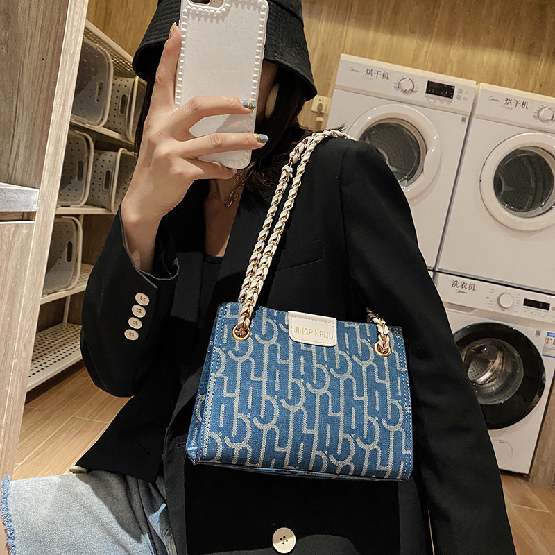 韩版百搭大容量帆布鏈條方包女包链条斜背侧背包