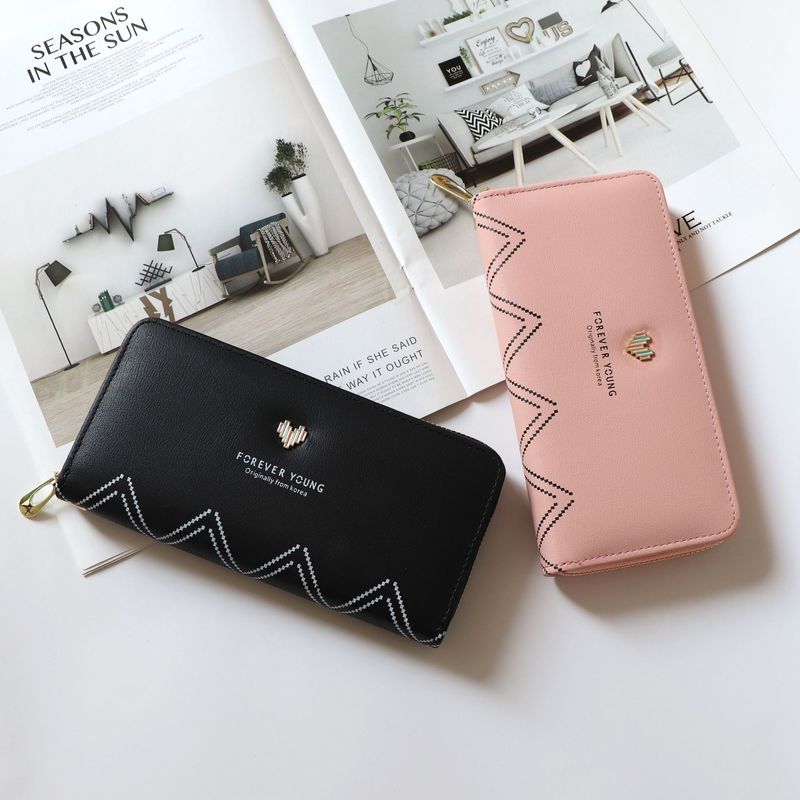 【正韓設計純色拉鍊長夾】【多功能大容量】正韓版型純色愛心拉鏈女錢包皮夾長夾