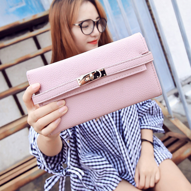 【OL氣質凱莉長夾】純色百搭氣質OL荔枝紋皮鎖扣質感女錢包皮夾長夾