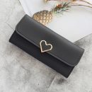 【荔枝紋心形搭釦長夾】正韓版型純色時尚心形裝飾多卡位女錢包皮夾長夾