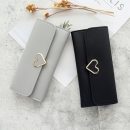 【荔枝紋心形搭釦長夾】正韓版型純色時尚心形裝飾多卡位女錢包皮夾長夾