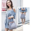 深藍條紋海風女包清新簡約帆布包帶手提斜背側背包