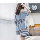 深藍條紋海風女包清新簡約帆布包帶手提斜背側背包