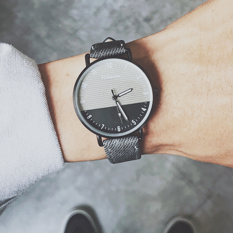 【日系原宿拼色錶盤】【牛仔紋理皮帶】日系原宿復古拼色錶盤紋理皮錶帶低調個性男士石英紳士手錶