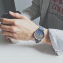 【日系原宿拼色錶盤】【牛仔紋理皮帶】日系原宿復古拼色錶盤紋理皮錶帶低調個性男士石英紳士手錶