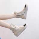 日系原宿街頭男女情侶厚底高幫皮面帆布鞋黑色米色帆布鞋透氣百搭板鞋小白鞋