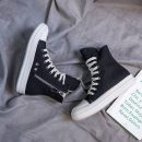 日系原宿街頭男女情侶厚底高幫皮面帆布鞋黑色米色帆布鞋透氣百搭板鞋小白鞋