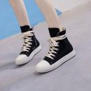 日系原宿街頭男女情侶厚底高幫皮面帆布鞋黑色米色帆布鞋透氣百搭板鞋小白鞋