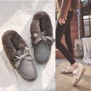 磨砂真皮安哥拉兔毛蝴蝶結豆豆鞋秋冬新款網紅仙女鞋兔毛平底毛毛鞋樂福鞋