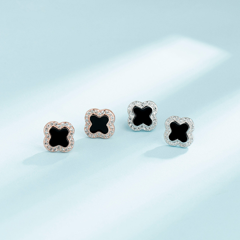 S925純銀幸運四葉草耳釘女時尚鋯石耳飾韓國氣質簡約黑色四葉草耳環