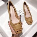 正韓版型OL氣質純色方頭淺口奶奶鞋金屬扣女鞋潮流粗跟單鞋女高跟鞋小皮鞋