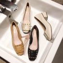 正韓版型OL氣質純色方頭淺口奶奶鞋金屬扣女鞋潮流粗跟單鞋女高跟鞋小皮鞋