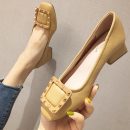 正韓版型OL氣質純色方頭淺口奶奶鞋金屬扣女鞋潮流粗跟單鞋女高跟鞋小皮鞋