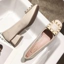 正韓版型OL氣質純色方頭淺口奶奶鞋金屬扣女鞋潮流粗跟單鞋女高跟鞋小皮鞋