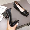 正韓版型OL氣質純色方頭淺口奶奶鞋金屬扣女鞋潮流粗跟單鞋女高跟鞋小皮鞋
