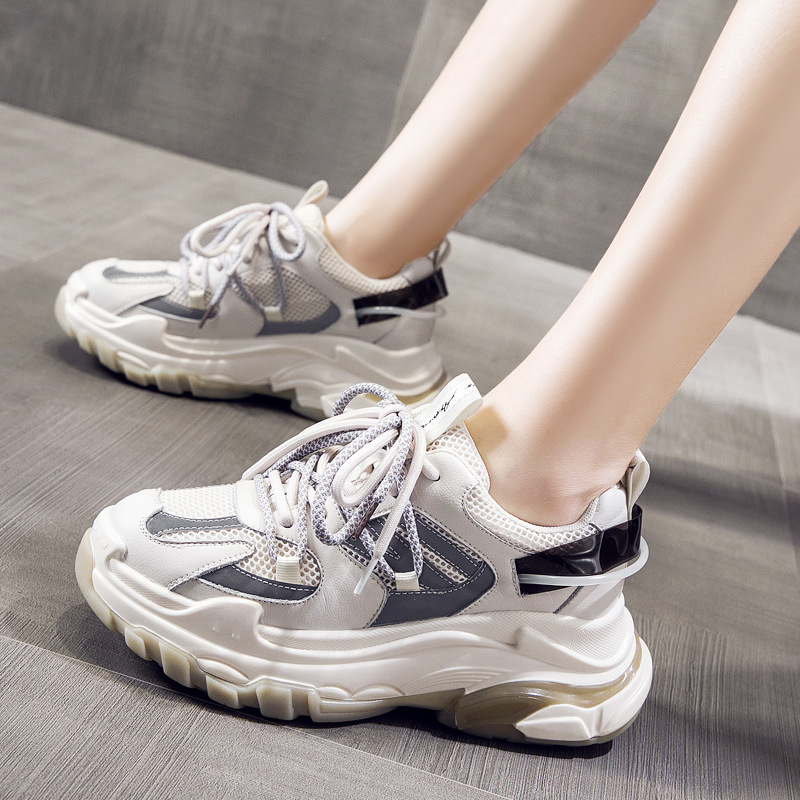 真皮網布拼接清爽百搭透氣厚底增高顯瘦老爹鞋休閑運動女鞋