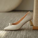 頭層小牛皮小香風溫柔甜美百搭電鍍貓跟珍珠瑪麗珍女尖頭婚鞋女高跟鞋