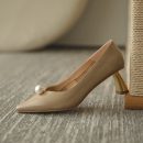 頭層小牛皮小香風溫柔甜美百搭電鍍貓跟珍珠瑪麗珍女尖頭婚鞋女高跟鞋