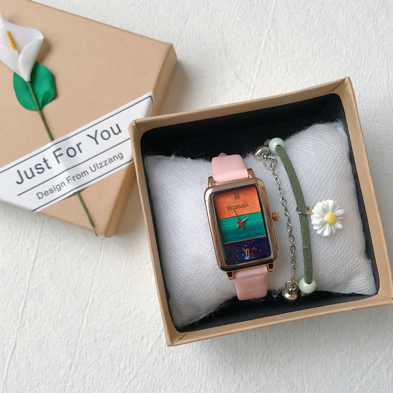 【法式條紋拼色錶盤】【方形小錶盤】【贈送手鍊】法國小眾品牌女輕奢時尚簡約氣質方形小錶盤手錶手鍊禮盒