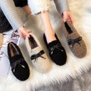 韓版蝴蝶結綁帶毛毛鞋女秋冬可外穿網紅豆豆鞋平底女懶人鞋
