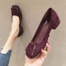 正韓版型時尚純色絨面皮粗跟工作鞋新款久站不累職業平底單鞋女黑色跟鞋豆豆鞋