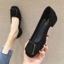 正韓版型時尚純色絨面皮粗跟工作鞋新款久站不累職業平底單鞋女黑色跟鞋豆豆鞋