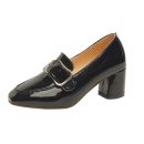 英倫方頭高跟單鞋女漆皮純色淺口粗跟皮帶扣時裝女鞋