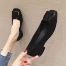 正韓版型時尚純色絨面皮粗跟工作鞋新款久站不累職業平底單鞋女黑色跟鞋豆豆鞋