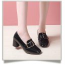 英倫方頭高跟單鞋女漆皮純色淺口粗跟皮帶扣時裝女鞋