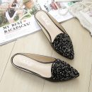 法式時尚水鑽包頭半拖鞋漆皮羅馬涼鞋平底涼拖軟底豆豆鞋穆勒鞋