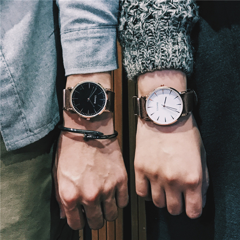 日系原宿純色氣質黑白錶盤楔形刻度侶對錶男女情手錶