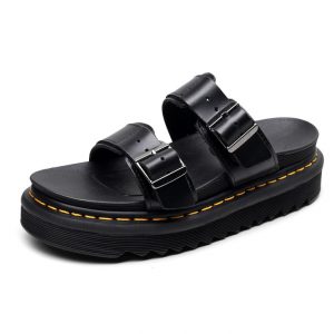 日韓爆賣納帕紋小牛皮真皮厚底馬丁涼鞋原宿厚底外穿拖鞋搭釦沙灘綁帶涼鞋