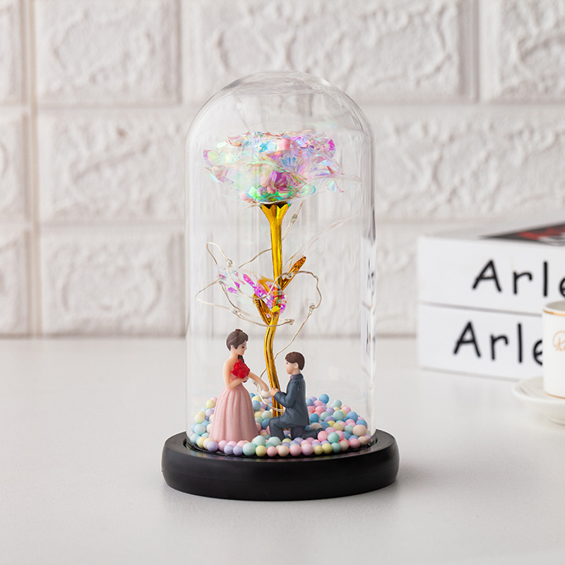 【金箔玫瑰玻璃罩擺件】【LED小夜燈】超棒情侶禮物居家擺件彩金箔玫瑰玻璃罩擺件