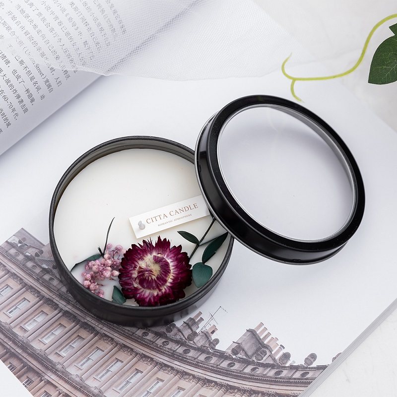 【永生花香氛蠟燭】【植物大豆蠟】純手工製黑鐵罐窗植物精油永生花鳳梨菊繡球橘片罐裝香氛蠟燭