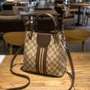 本季經典水桶包時尚流行百搭女包GD印花豎條紋咖色肩帶手提肩背斜背包