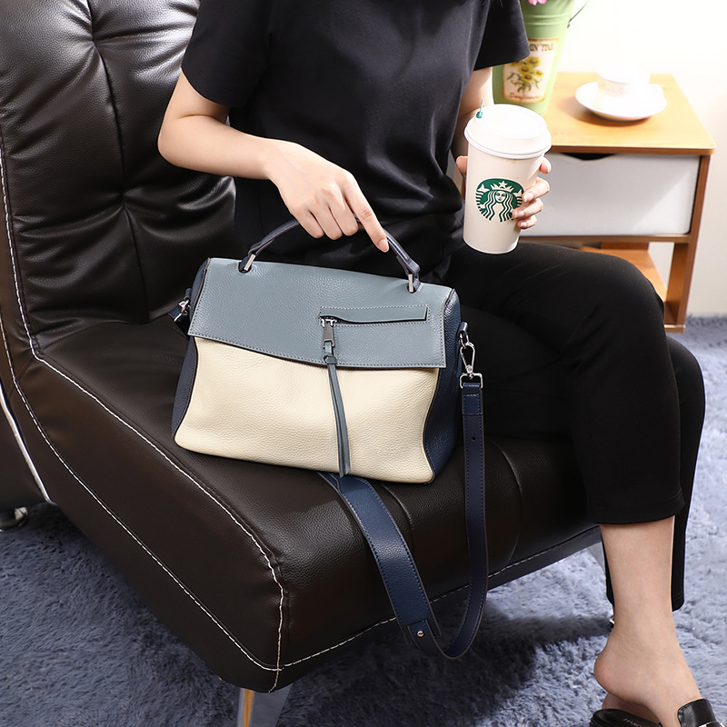 【頭層荔枝紋牛皮】【優雅拼色】氣質優雅高檔頭層牛皮荔枝紋拼色女包手提肩背斜背包 【頭層荔枝紋牛皮】【優雅拼色】氣質優雅高檔頭層牛皮荔枝紋拼色女包手提肩背斜背包