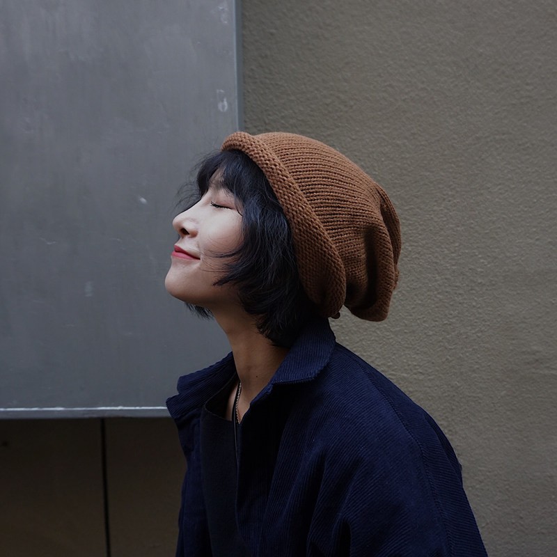 【針織毛線捲邊堆堆帽】【后抽繩設計】日系小眾女帽后抽繩可調毛線帽純色保暖護耳卷邊堆堆帽