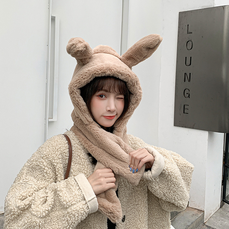 【毛絨兔耳圍脖一體帽】【耳朵可動】韓國熱賣人氣網紅款兔耳朵毛毛帽加厚毛絨保暖圍脖一體兩件套軟妹女帽 【毛絨兔耳圍脖一體帽】【耳朵可動】韓國熱賣人氣網紅款兔耳朵毛毛帽加厚毛絨保暖圍脖一體兩件套軟妹女帽